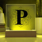 Magnolia Mandala Alphabet Letter P - Square Acrylic Plaque With LED Base