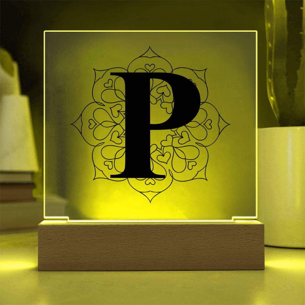 Magnolia Mandala Alphabet Letter P - Square Acrylic Plaque With LED Base