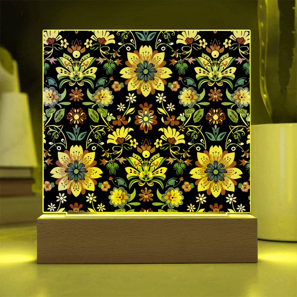 Mexican Floral Fiesta Pattern 066 - Square Acrylic Plaque With LED Base