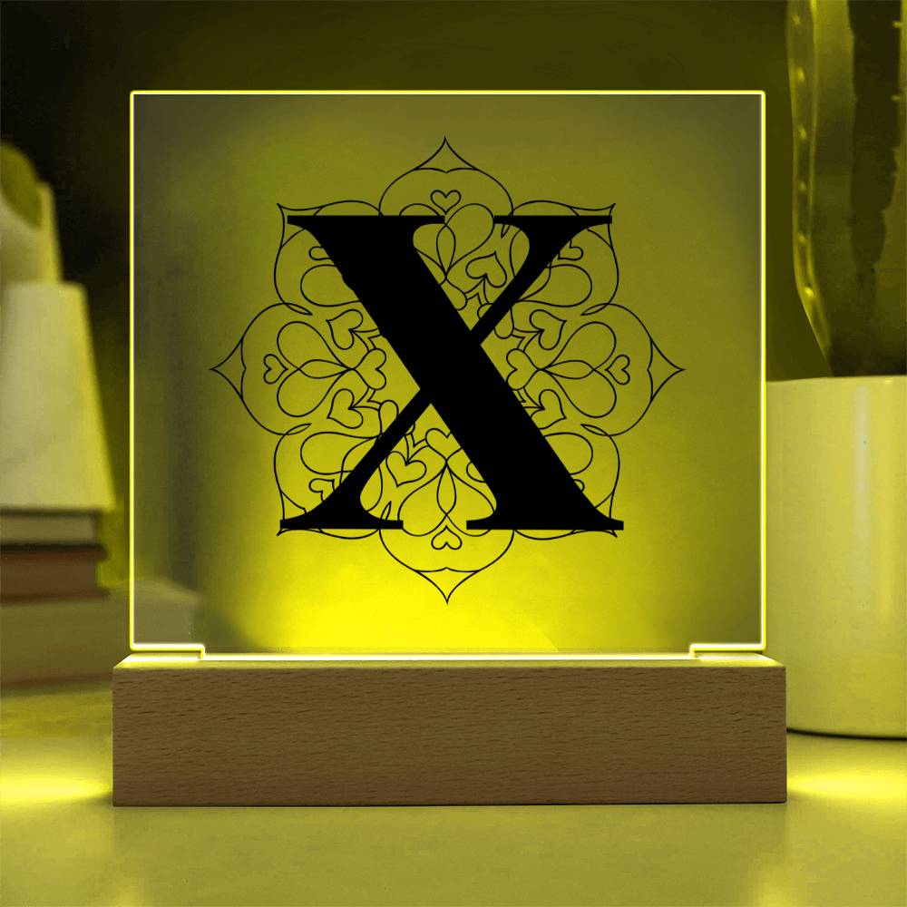 Magnolia Mandala Alphabet Letter X - Square Acrylic Plaque With LED Base