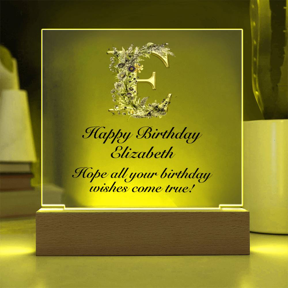 Happy Birthday Elizabeth (Lavender Flowers) - Square Acrylic Plaque With LED Base