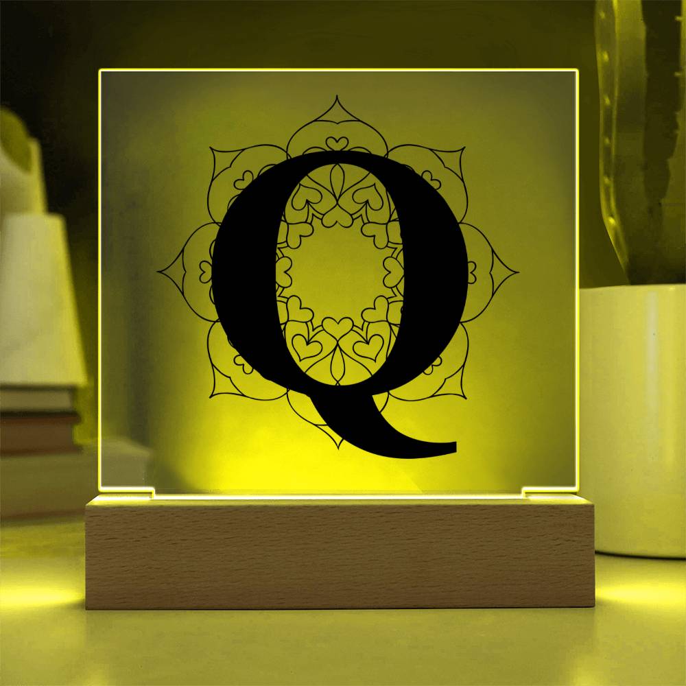 Magnolia Mandala Alphabet Letter Q - Square Acrylic Plaque With LED Base