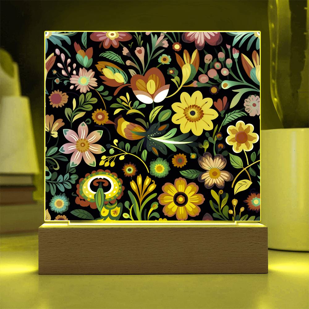 Mexican Floral Fiesta Pattern 055 - Square Acrylic Plaque With LED Base
