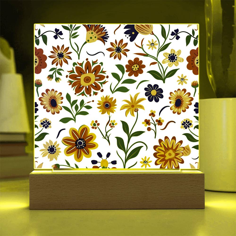Mexican Floral Fiesta Pattern 024 - Square Acrylic Plaque With LED Base