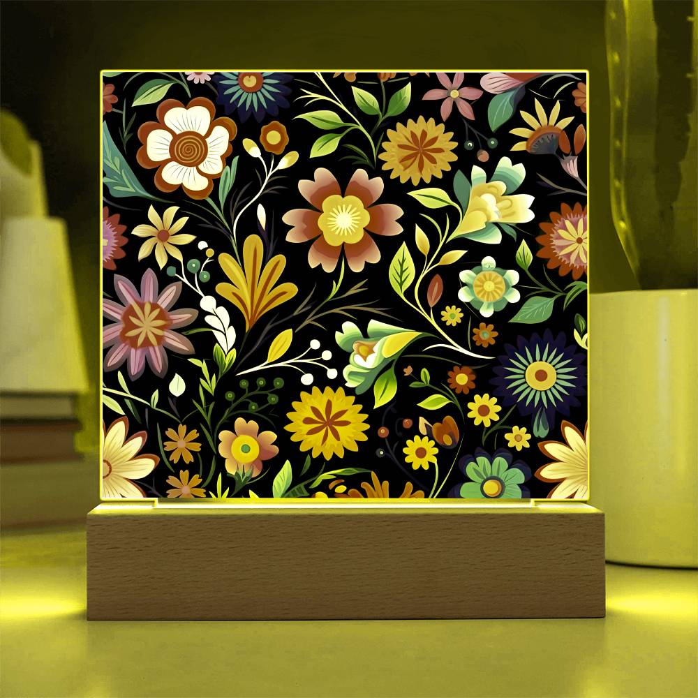 Mexican Floral Fiesta Pattern 028 - Square Acrylic Plaque With LED Base