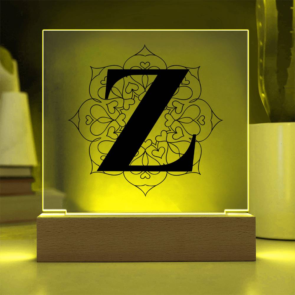 Magnolia Mandala Alphabet Letter Z - Square Acrylic Plaque With LED Base