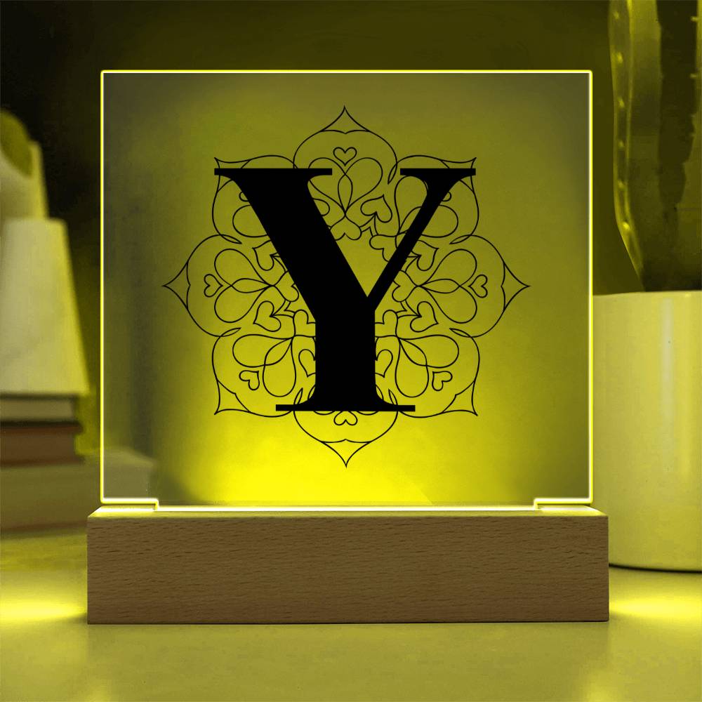 Magnolia Mandala Alphabet Letter Y - Square Acrylic Plaque With LED Base