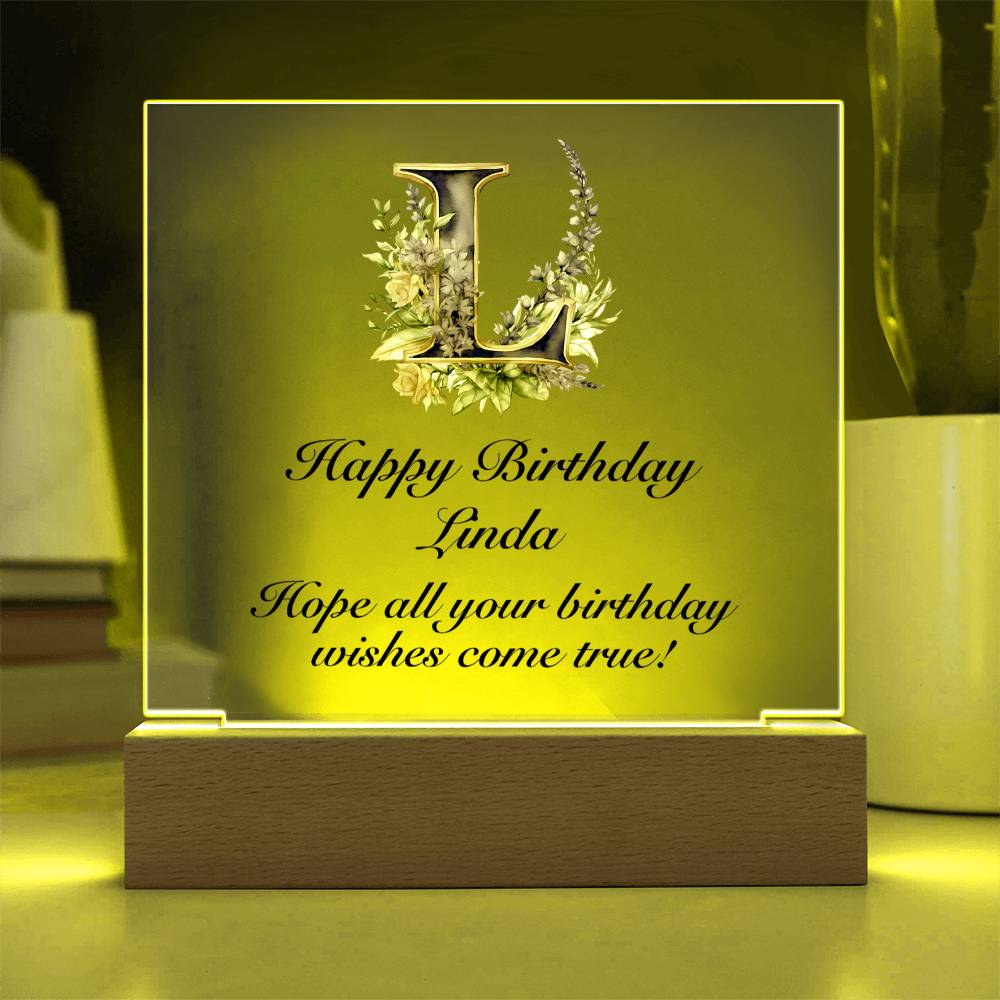 Happy Birthday Linda (Lavender Flowers) - Square Acrylic Plaque With LED Base