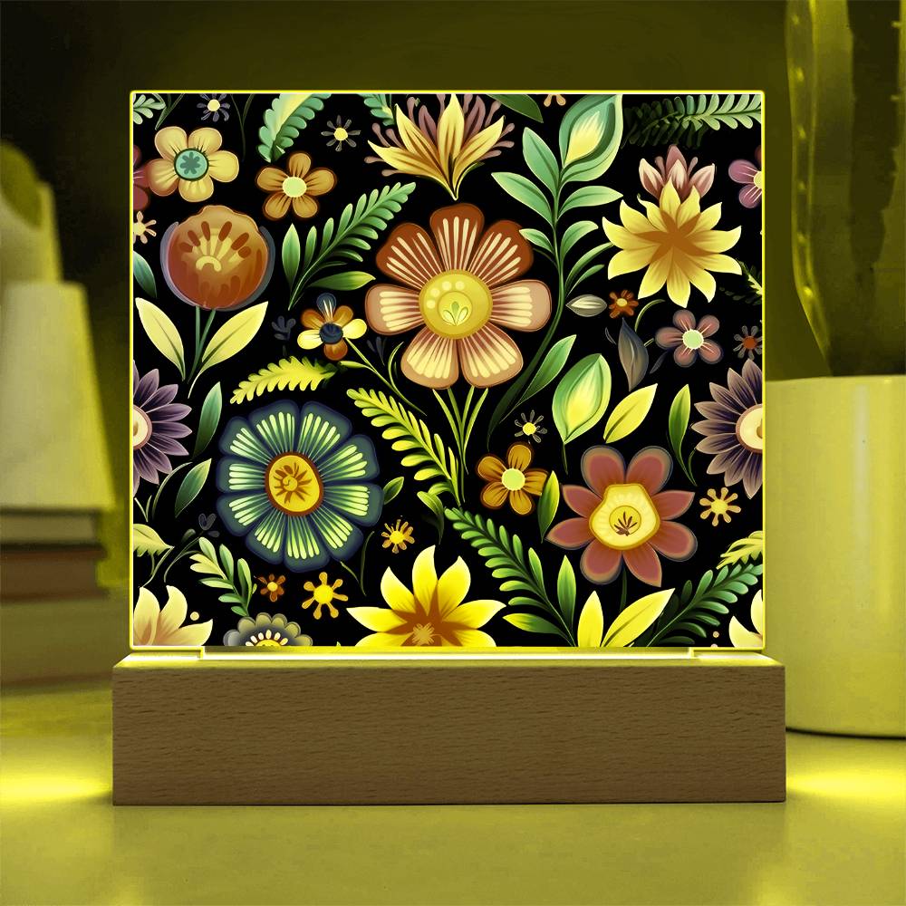 Mexican Floral Fiesta Pattern 029 - Square Acrylic Plaque With LED Base