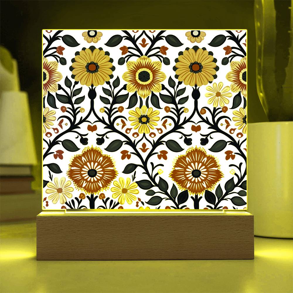 Mexican Floral Fiesta Pattern 043 - Square Acrylic Plaque With LED Base