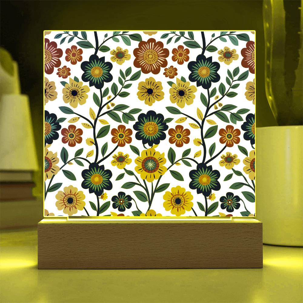 Mexican Floral Fiesta Pattern 002 - Square Acrylic Plaque With LED Base