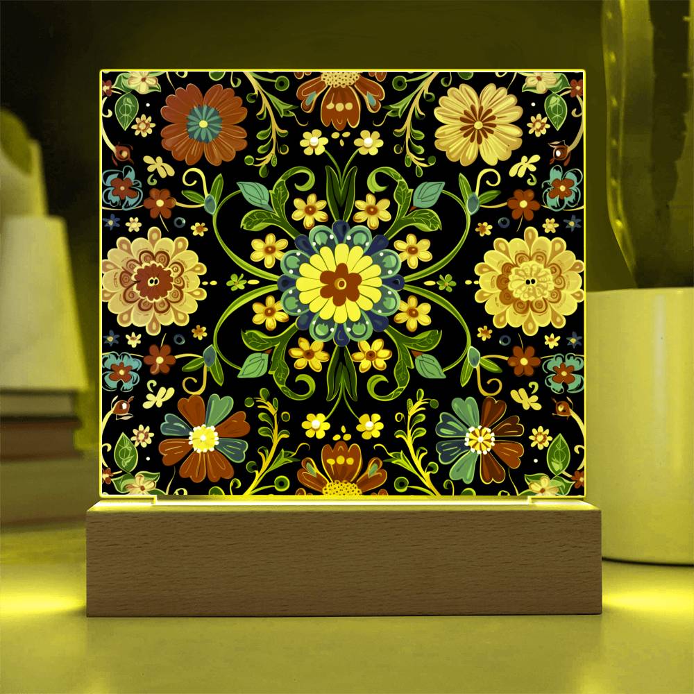 Mexican Floral Fiesta Pattern 061 - Square Acrylic Plaque With LED Base