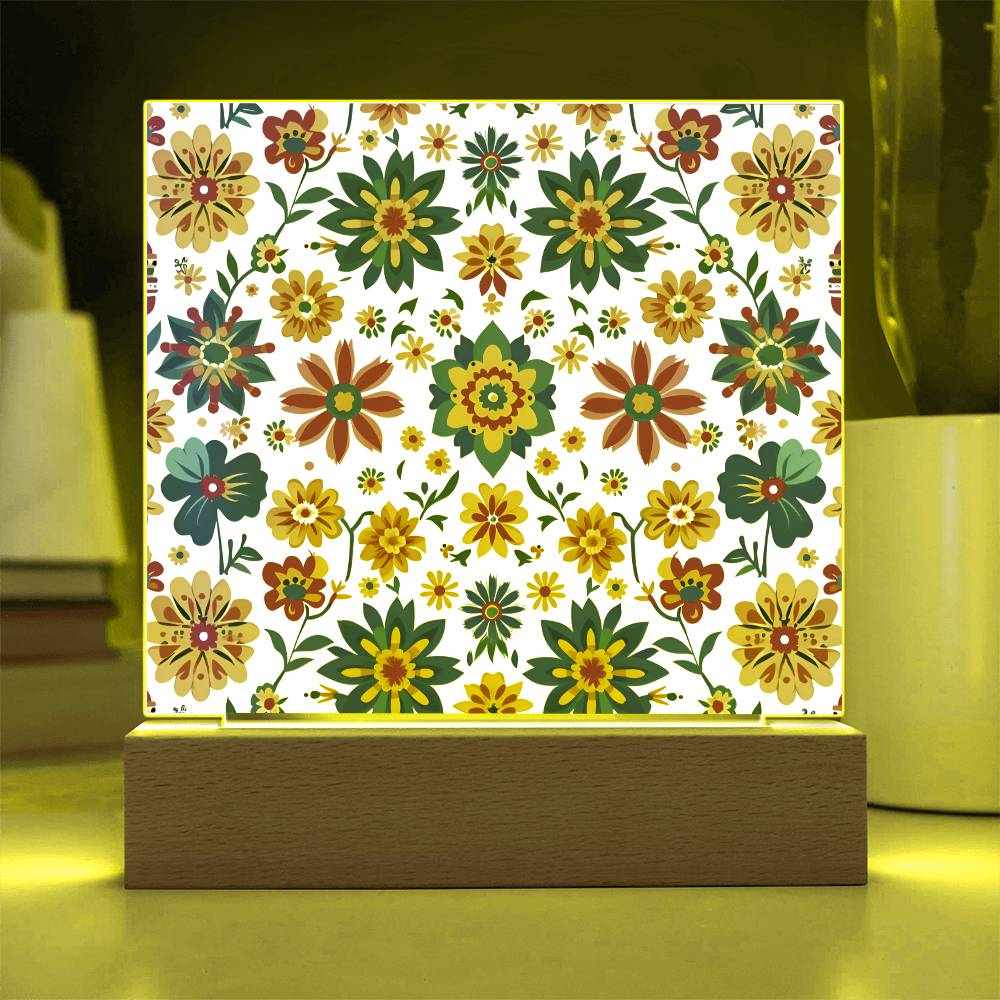 Mexican Floral Fiesta Pattern 025 - Square Acrylic Plaque With LED Base