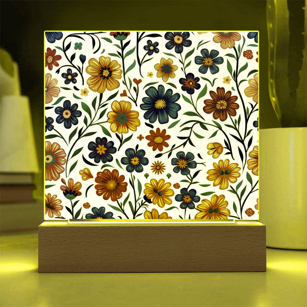 Mexican Floral Fiesta Pattern 001 - Square Acrylic Plaque With LED Base