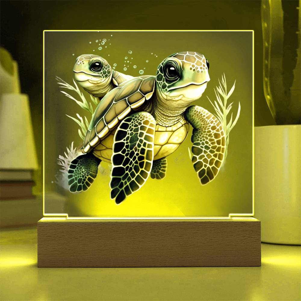Cute Sea Turtle 010 - Square Acrylic Plaque With LED Base