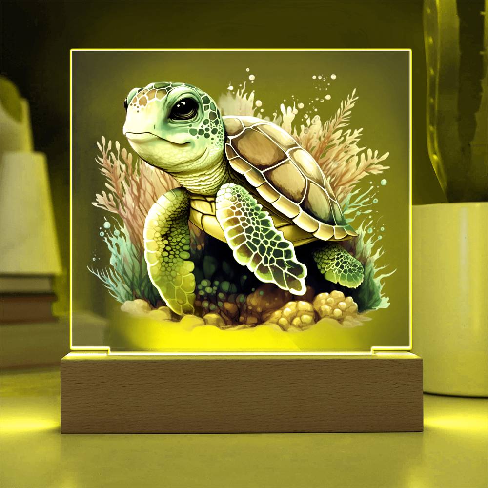 Cute Sea Turtle 012 - Square Acrylic Plaque With LED Base