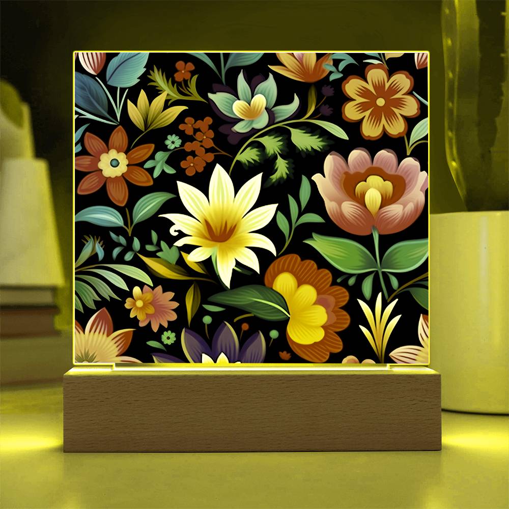 Mexican Floral Fiesta Pattern 036 - Square Acrylic Plaque With LED Base