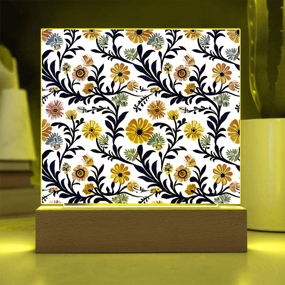 Mexican Floral Fiesta Pattern 022 - Square Acrylic Plaque With LED Base