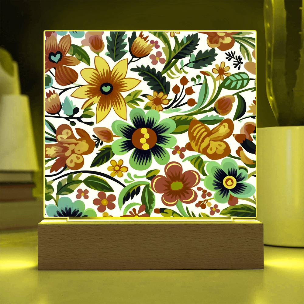 Mexican Floral Fiesta Pattern 050 - Square Acrylic Plaque With LED Base