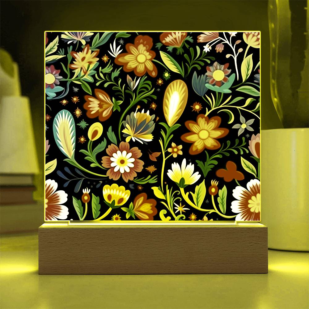 Mexican Floral Fiesta Pattern 038 - Square Acrylic Plaque With LED Base