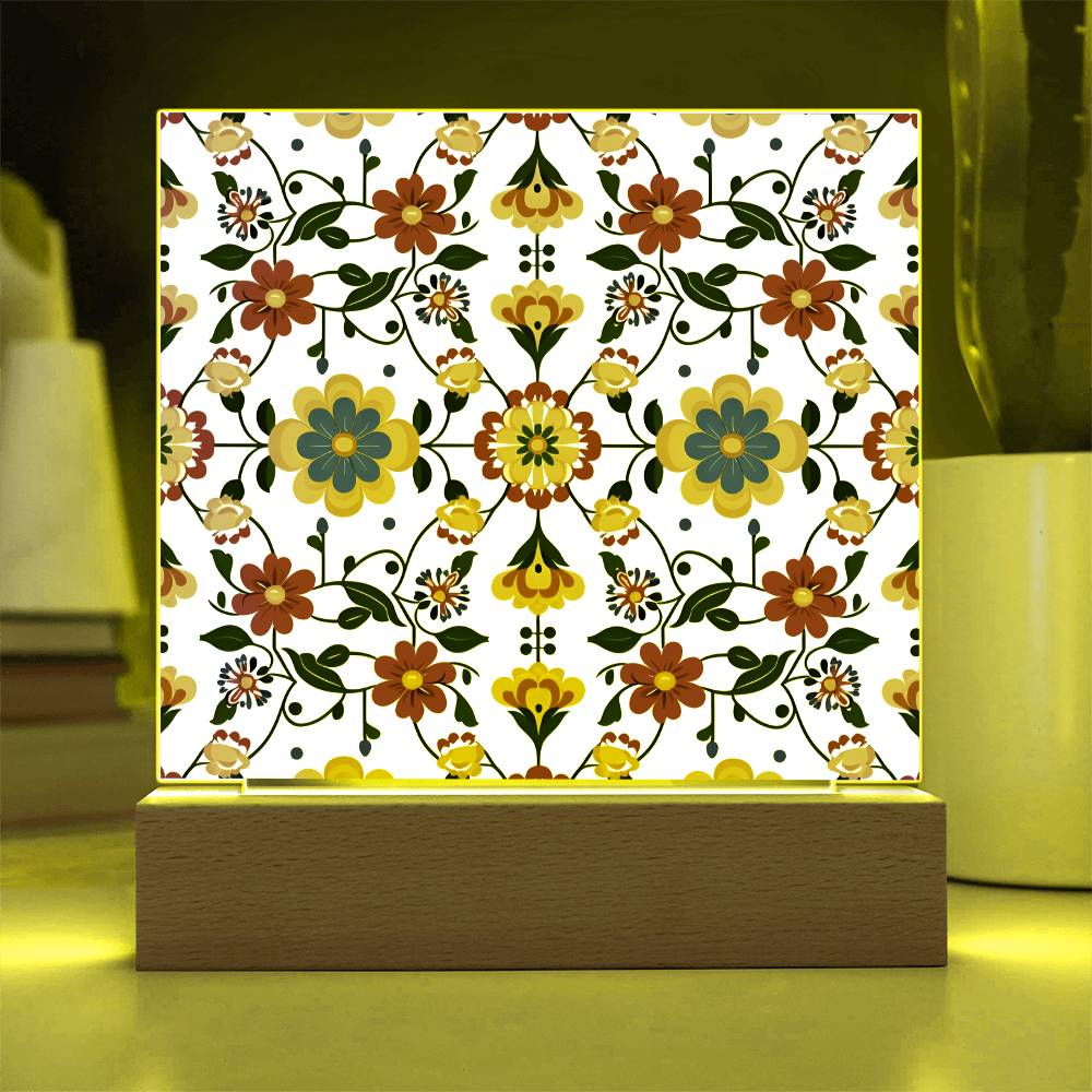 Mexican Floral Fiesta Pattern 018 - Square Acrylic Plaque With LED Base