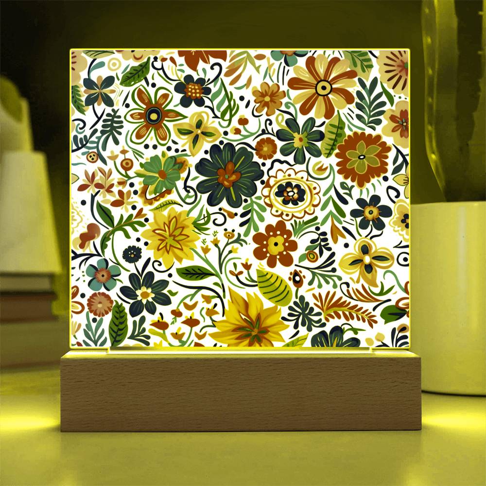 Mexican Floral Fiesta Pattern 072 - Square Acrylic Plaque With LED Base