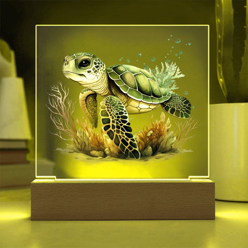 Cute Sea Turtle 013 - Square Acrylic Plaque With LED Base