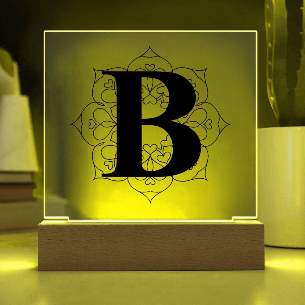 Magnolia Mandala Alphabet Letter B - Square Acrylic Plaque With LED Base