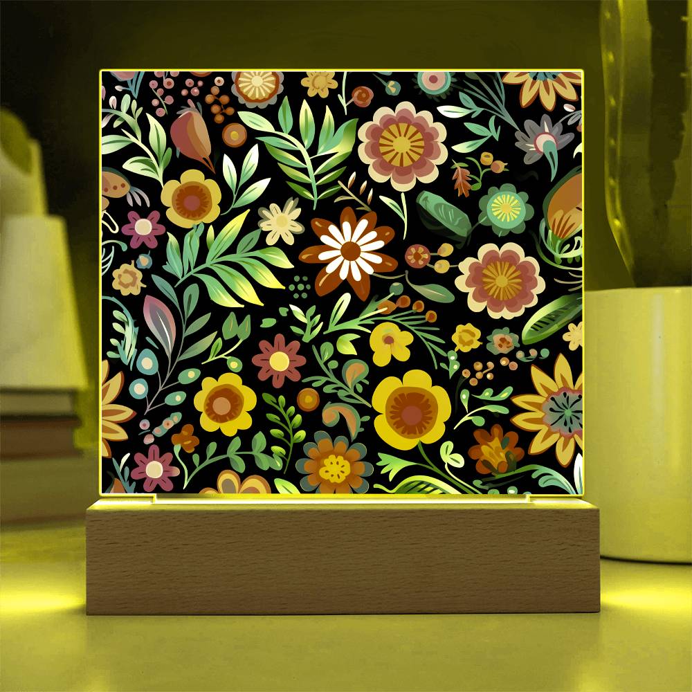 Mexican Floral Fiesta Pattern 060 - Square Acrylic Plaque With LED Base