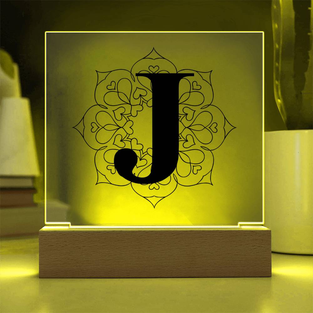 Magnolia Mandala Alphabet Letter J - Square Acrylic Plaque With LED Base