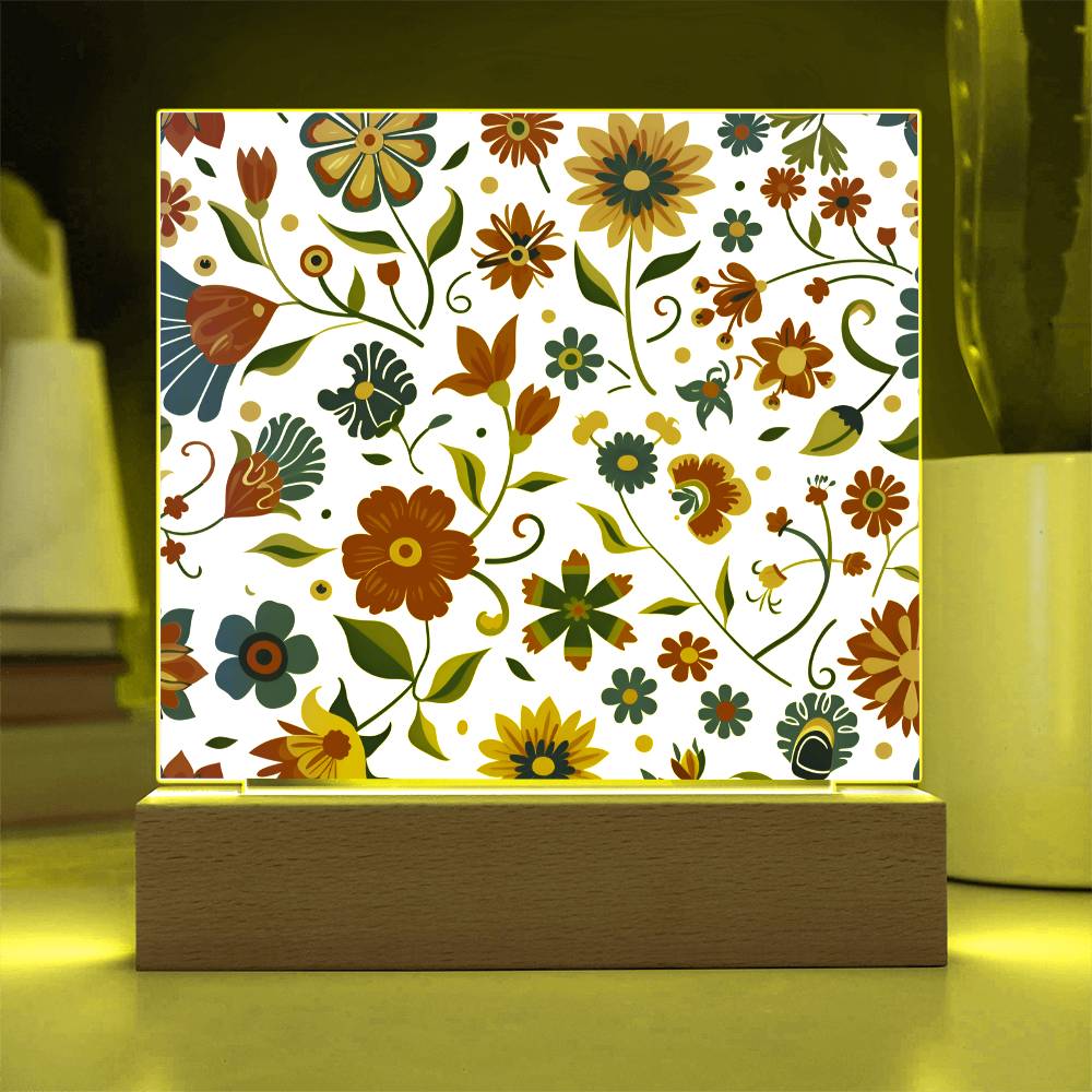 Mexican Floral Fiesta Pattern 014 - Square Acrylic Plaque With LED Base