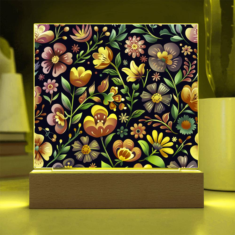 Mexican Floral Fiesta Pattern 065 - Square Acrylic Plaque With LED Base
