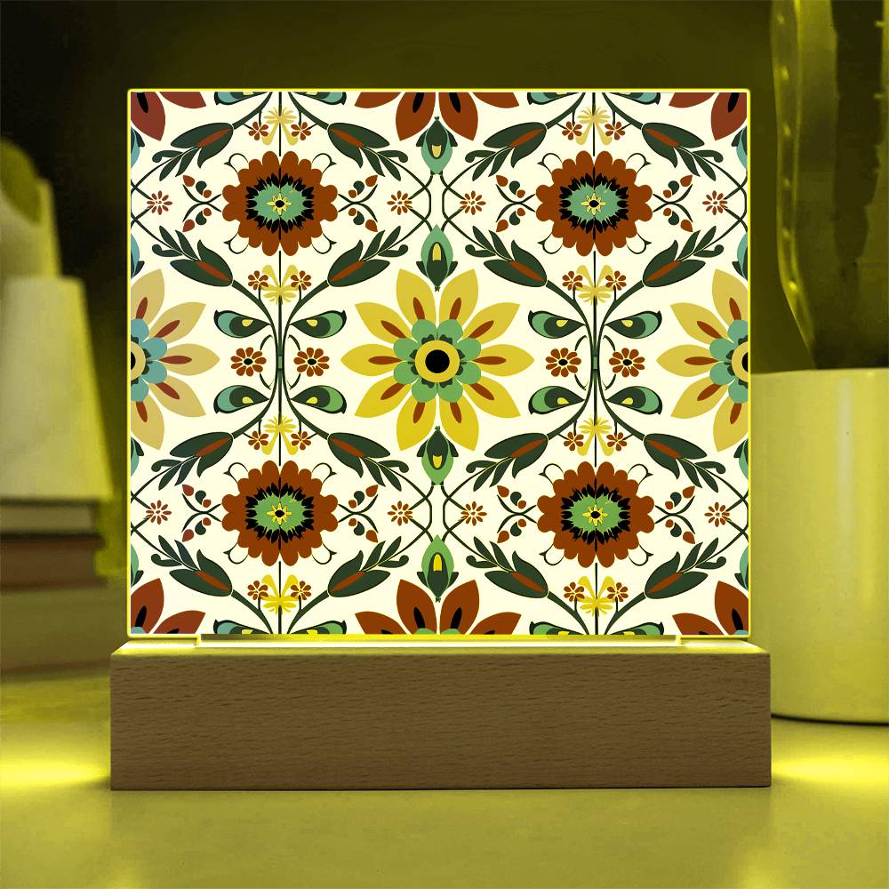 Mexican Floral Fiesta Pattern 041 - Square Acrylic Plaque With LED Base