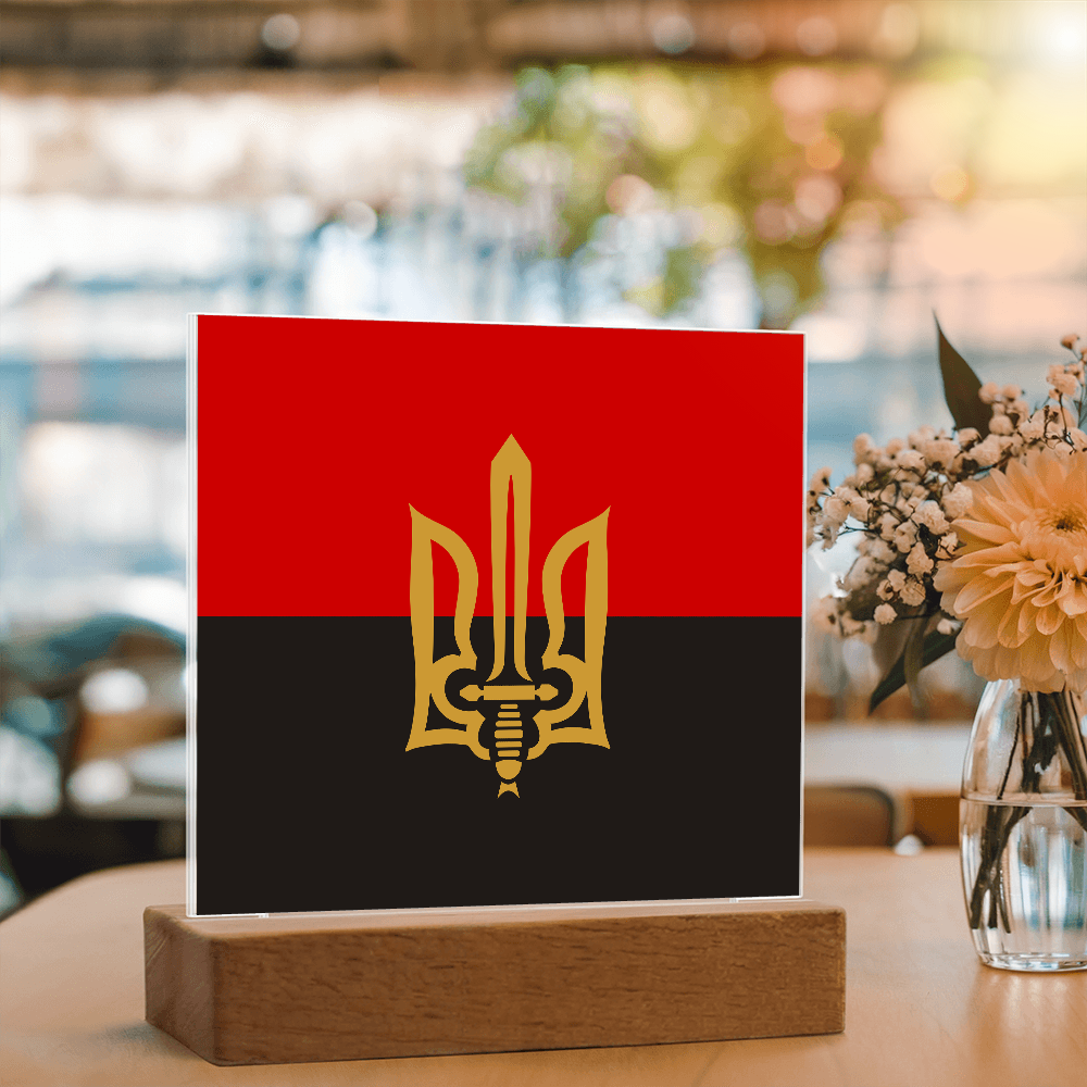 Stylized Tryzub And Red-Black Flag - Square Acrylic Plaque With LED Lights