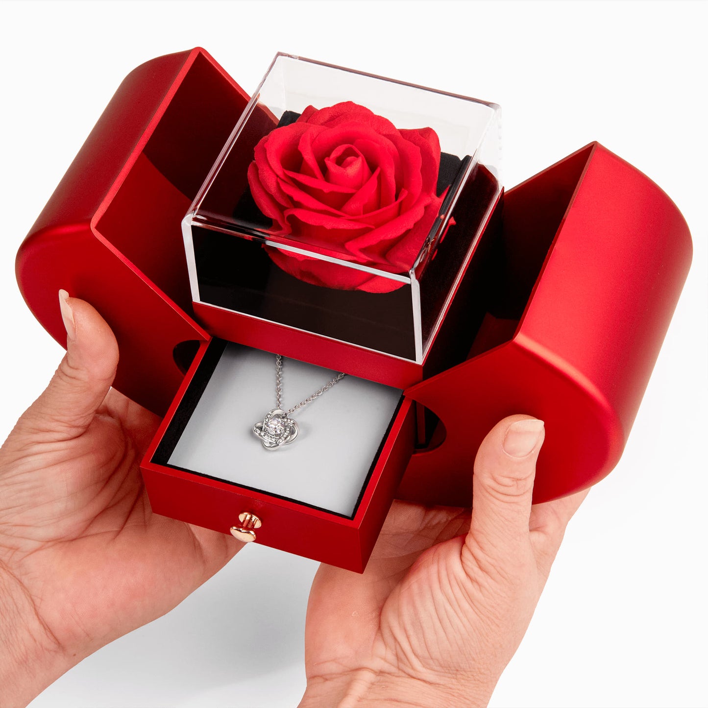 Love Knot Necklace With Red Heart Rose Gift Box