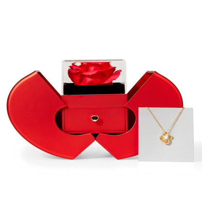 18K Yellow Gold Finish Love Knot Necklace With Red Heart Rose Gift Box