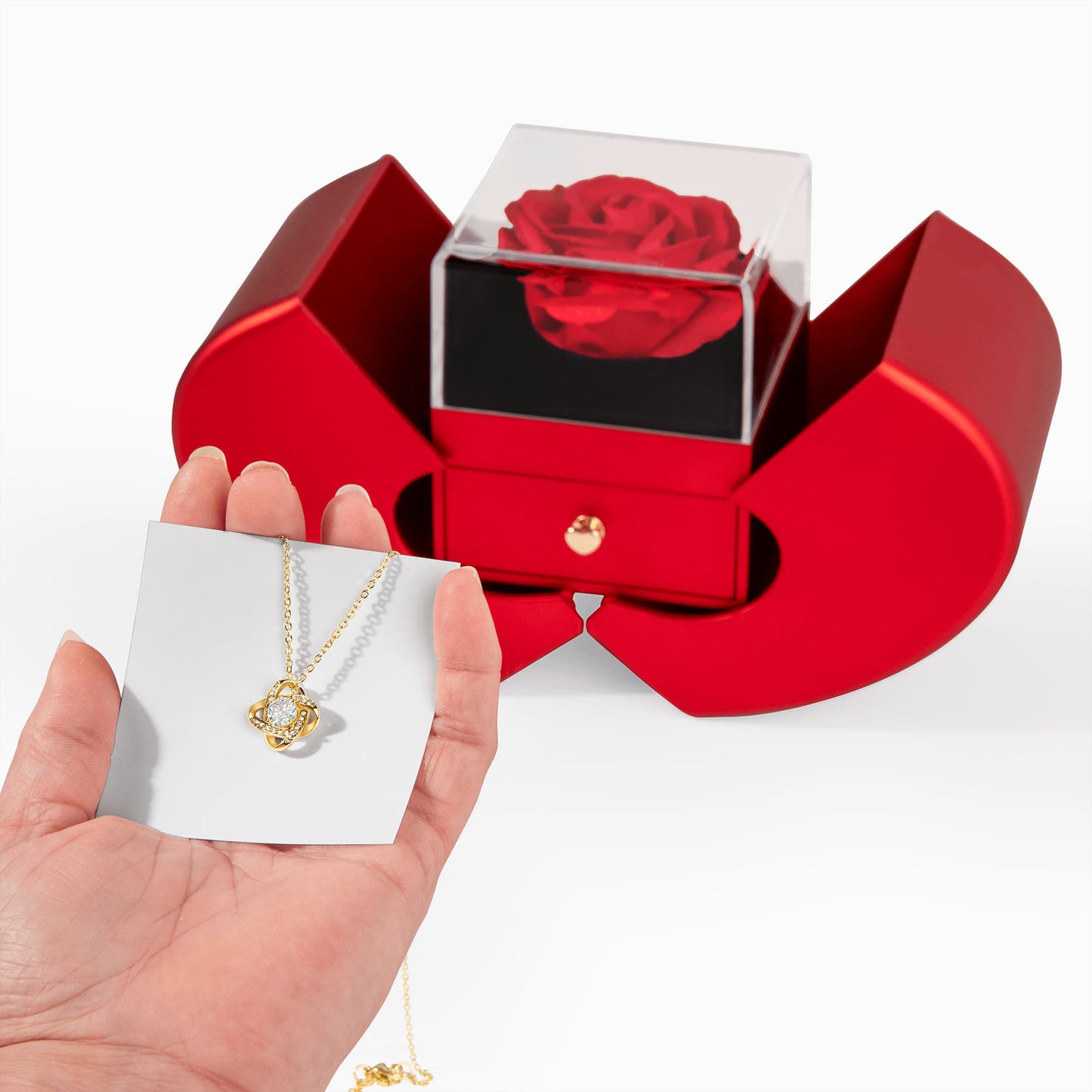 18K Yellow Gold Finish Love Knot Necklace With Red Heart Rose Gift Box