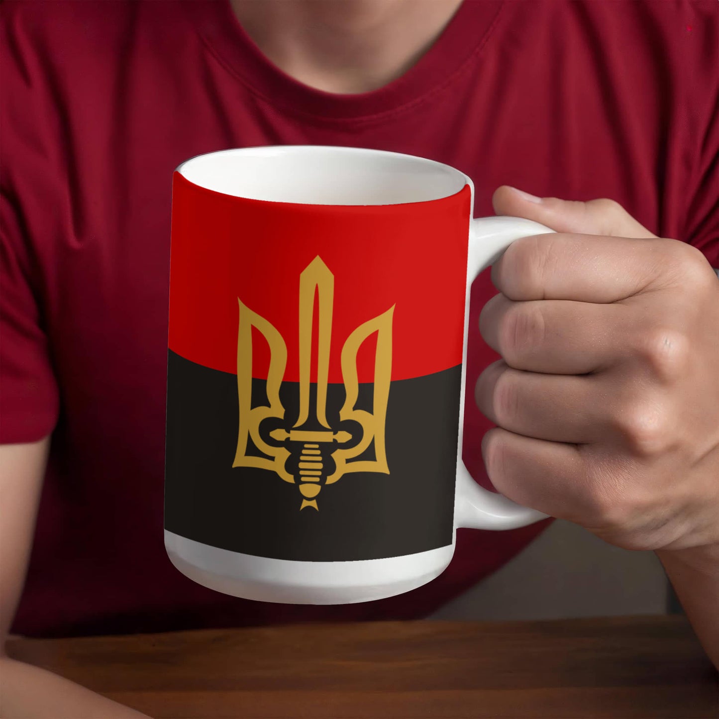 Stylized Tryzub And Red-Black Flag - 15oz White Ceramic Mug