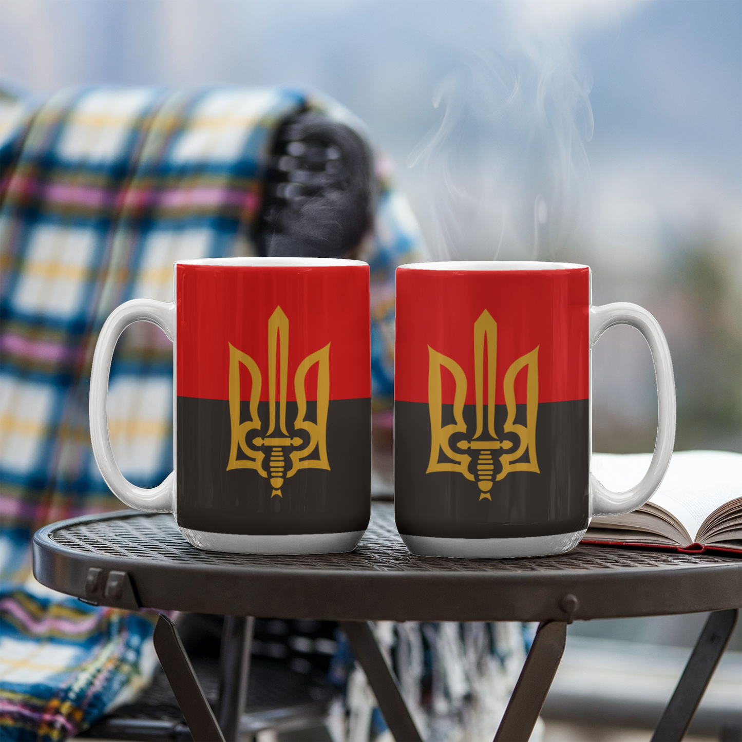 Stylized Tryzub And Red-Black Flag - 15oz White Ceramic Mug