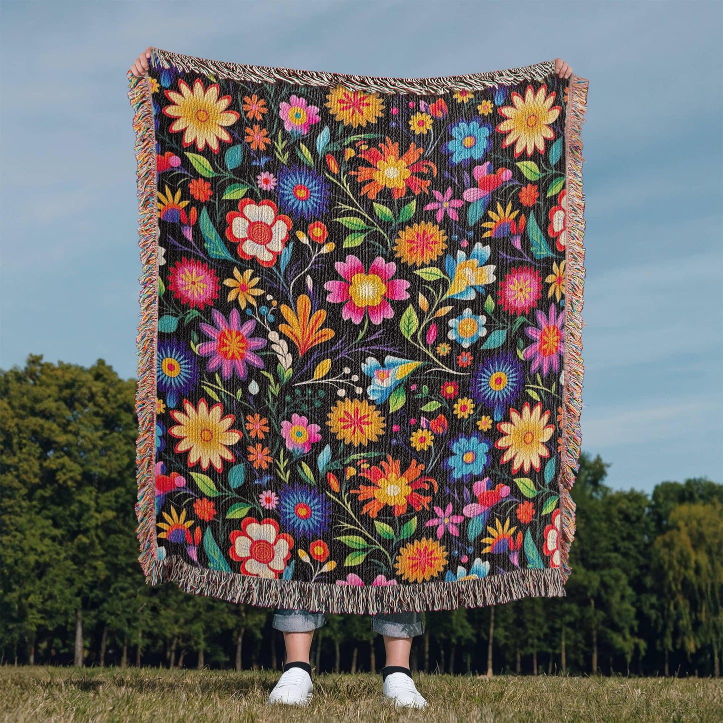 Mexican Floral Fiesta Pattern 028 - 50" x 60" Heirloom Woven Blanket