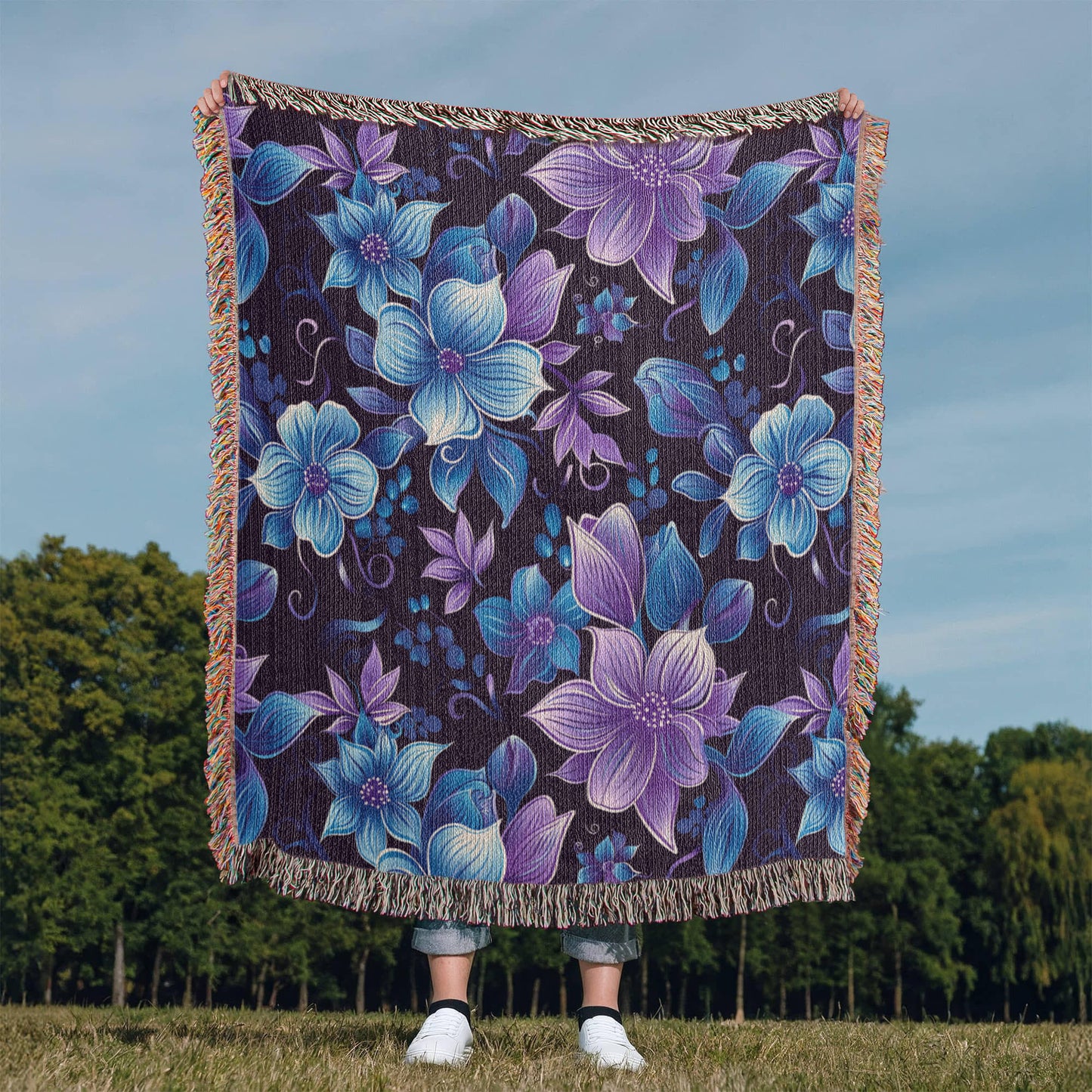 Blue And Purple Floral Pattern 021 - 50" x 60" Heirloom Woven Blanket