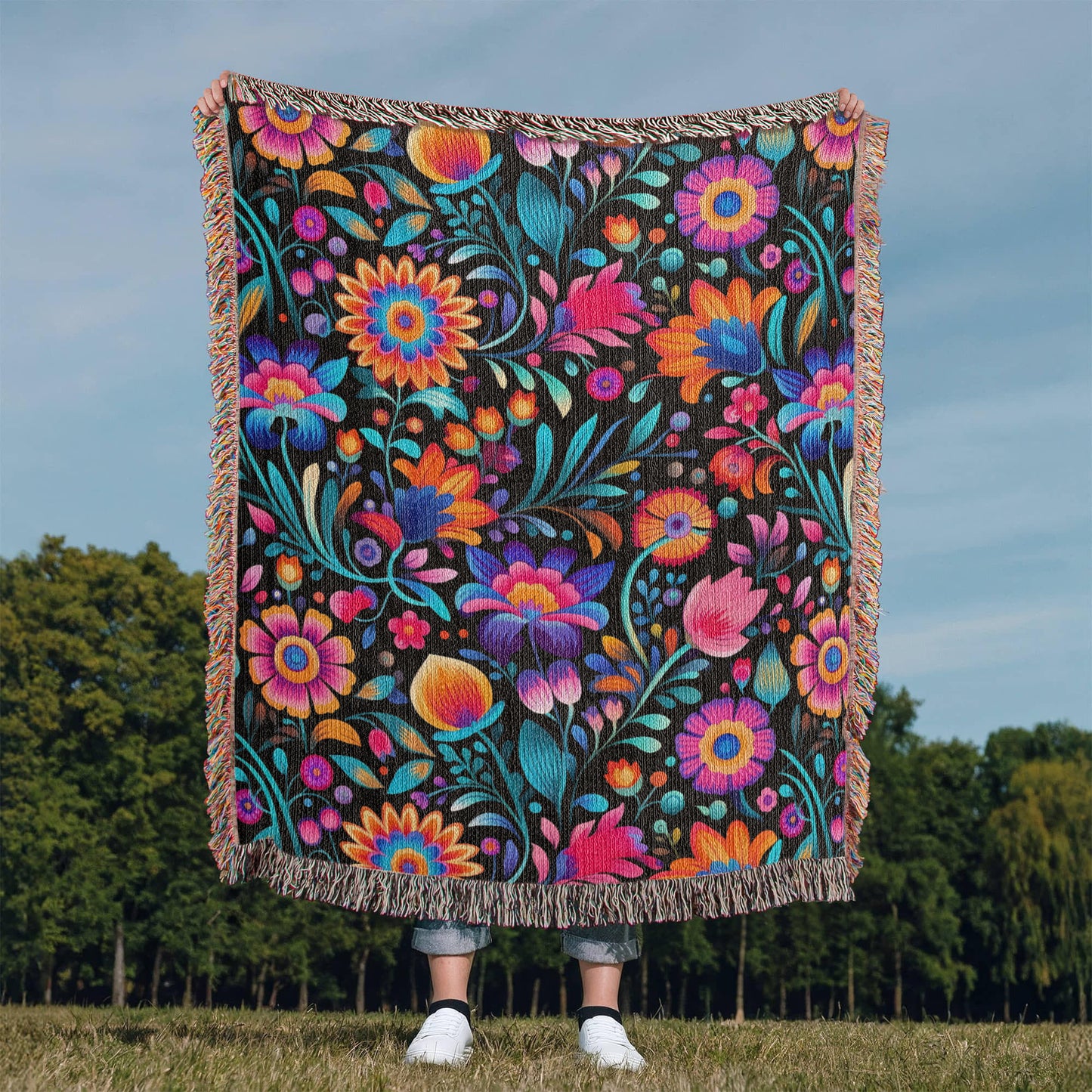 Mexican Floral Fiesta Pattern 057 - 50" x 60" Heirloom Woven Blanket