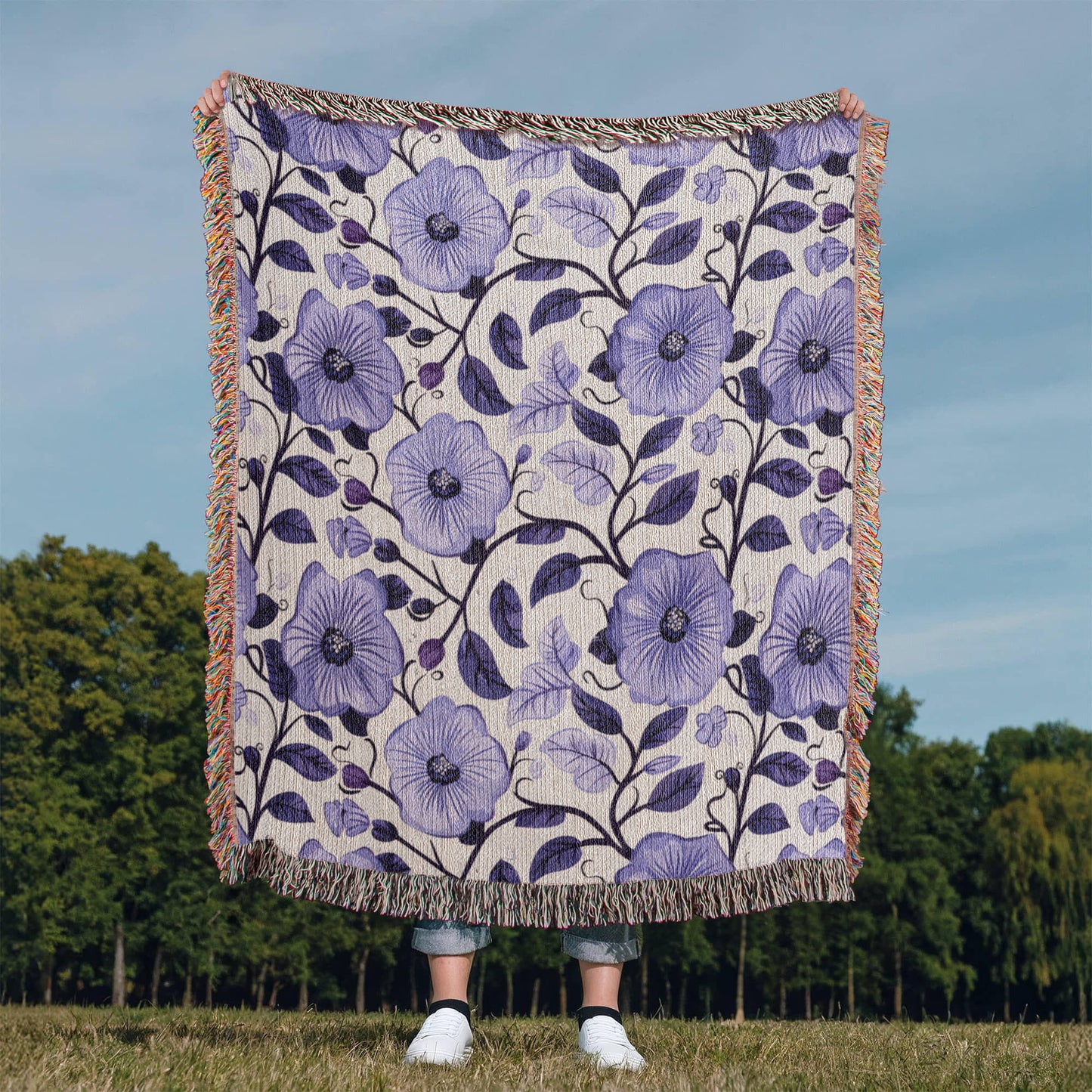 Blue And Purple Floral Pattern 028 - 50" x 60" Heirloom Woven Blanket