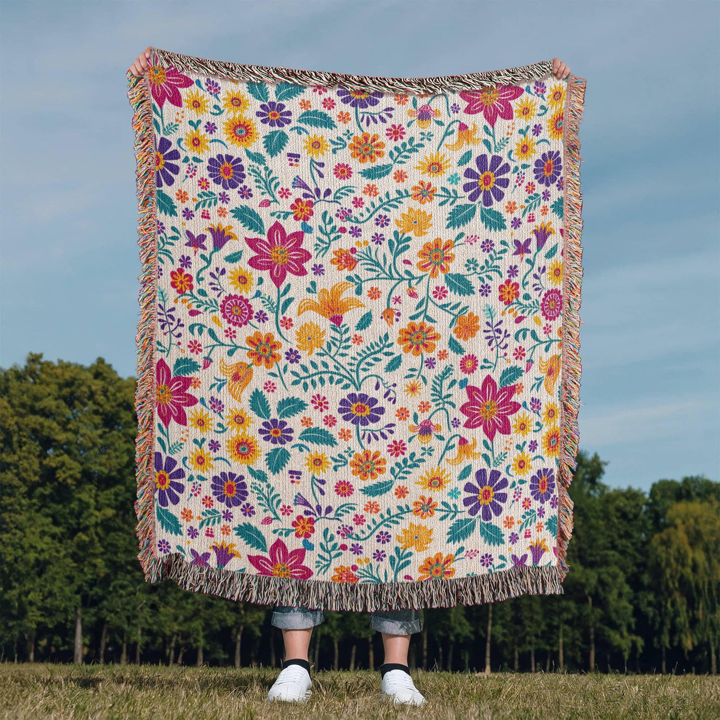 Mexican Floral Fiesta Pattern 013 - 50" x 60" Heirloom Woven Blanket
