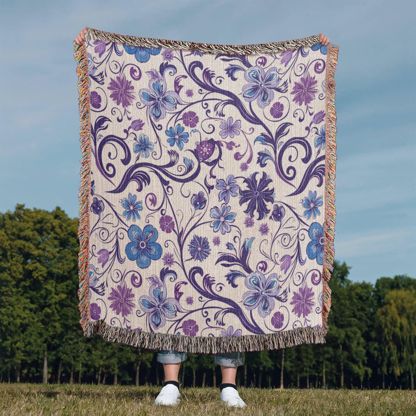 Blue And Purple Floral Pattern 027 - 50" x 60" Heirloom Woven Blanket