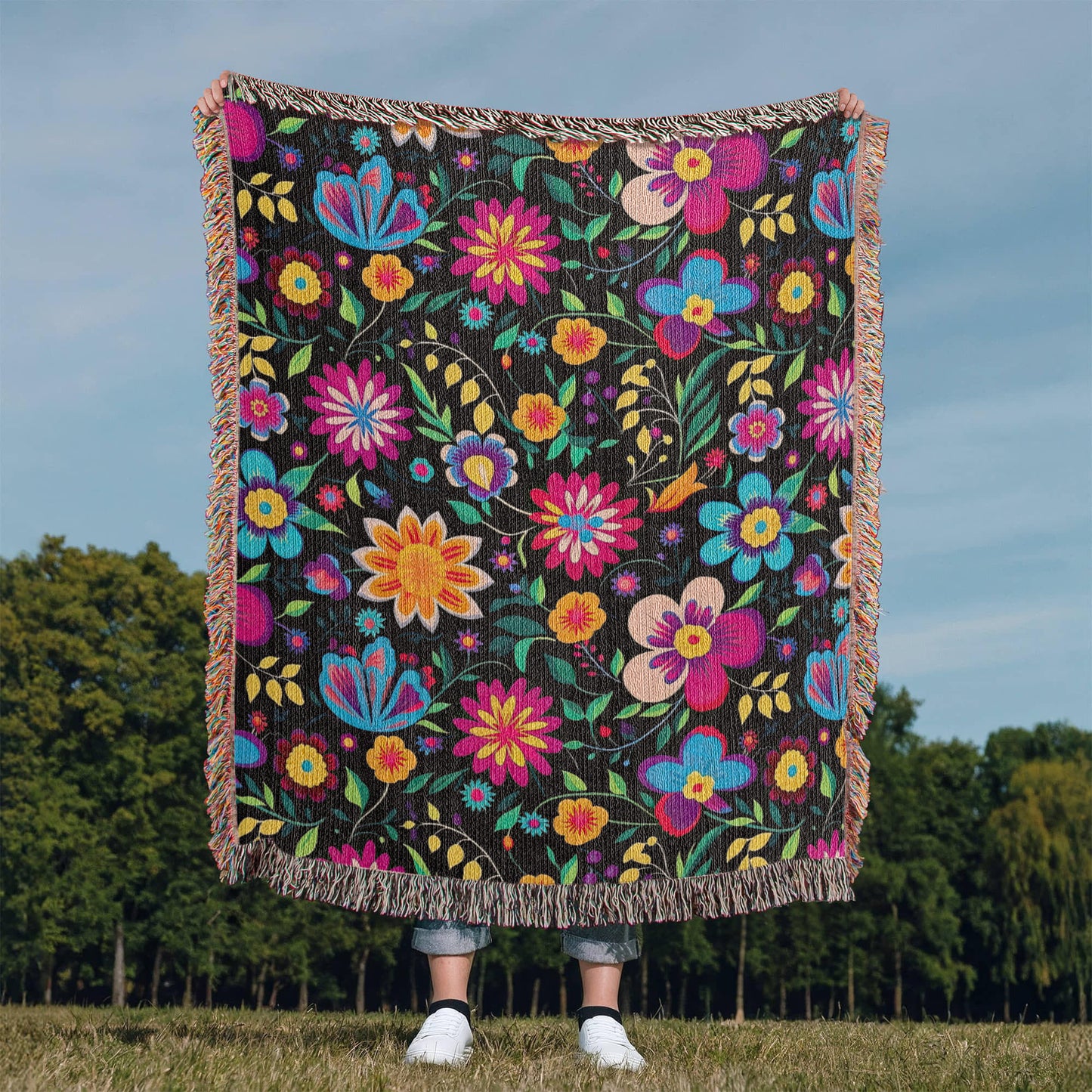 Mexican Floral Fiesta Pattern 034 - 50" x 60" Heirloom Woven Blanket