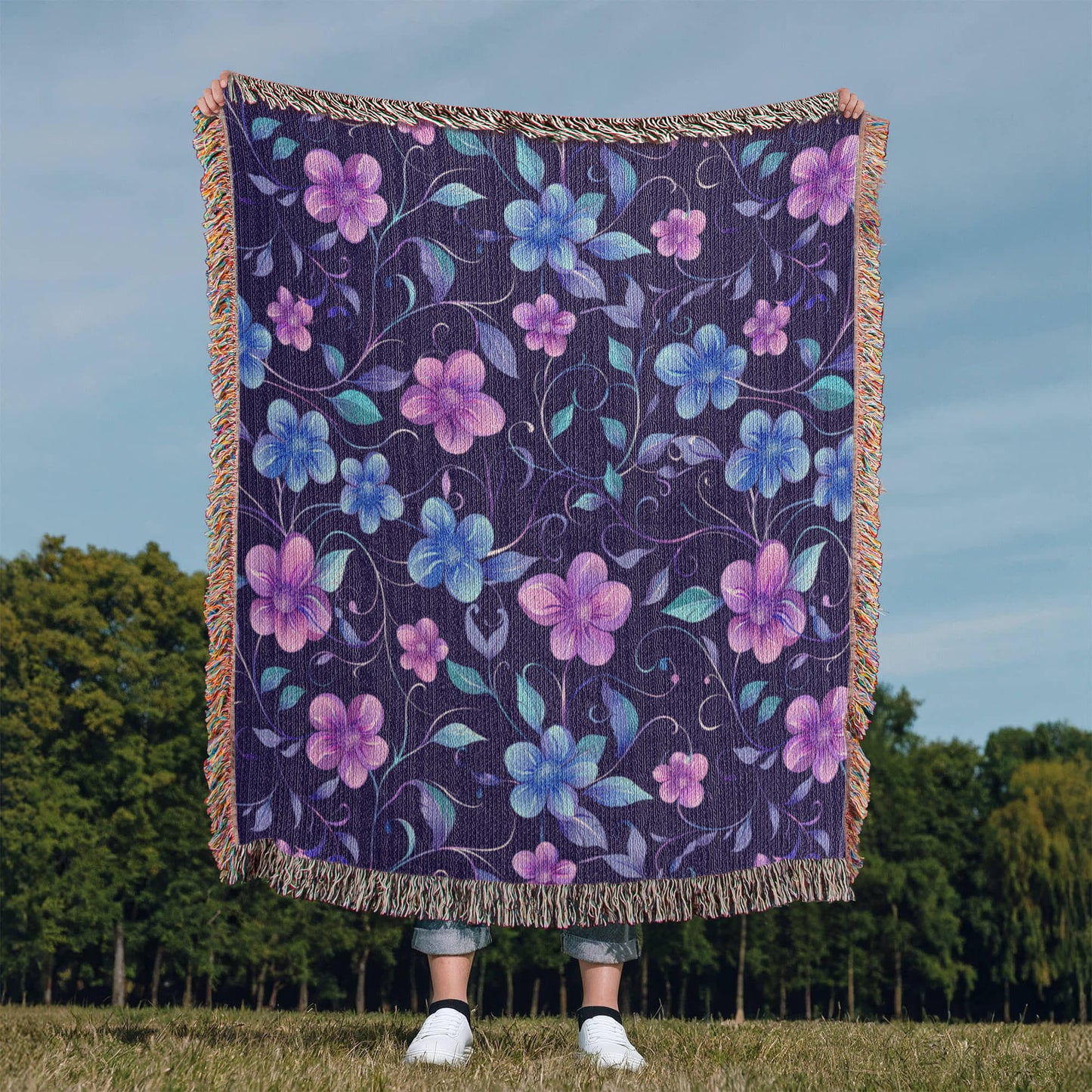Blue And Purple Floral Pattern 026 - 50" x 60" Heirloom Woven Blanket