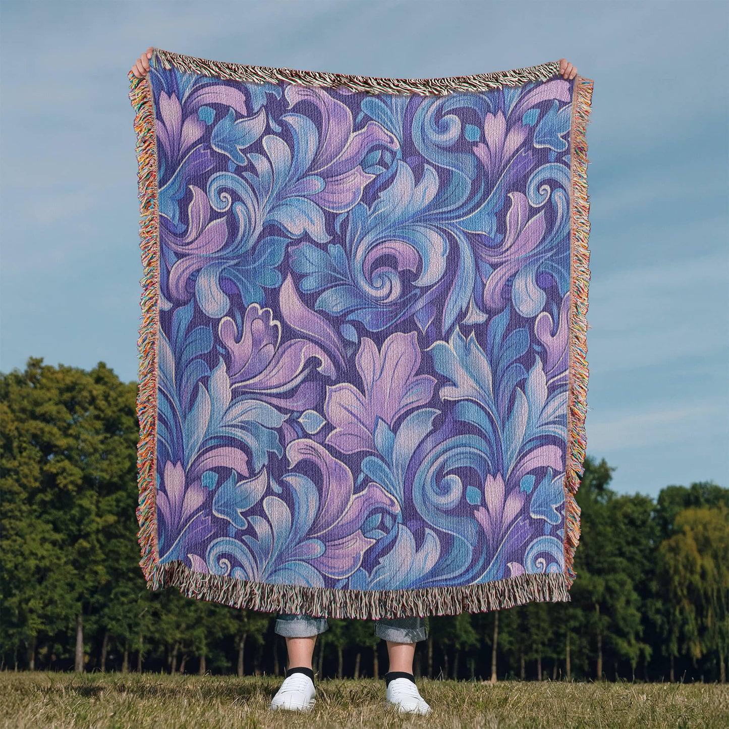Blue And Purple Floral Pattern 010 - 50" x 60" Heirloom Woven Blanket