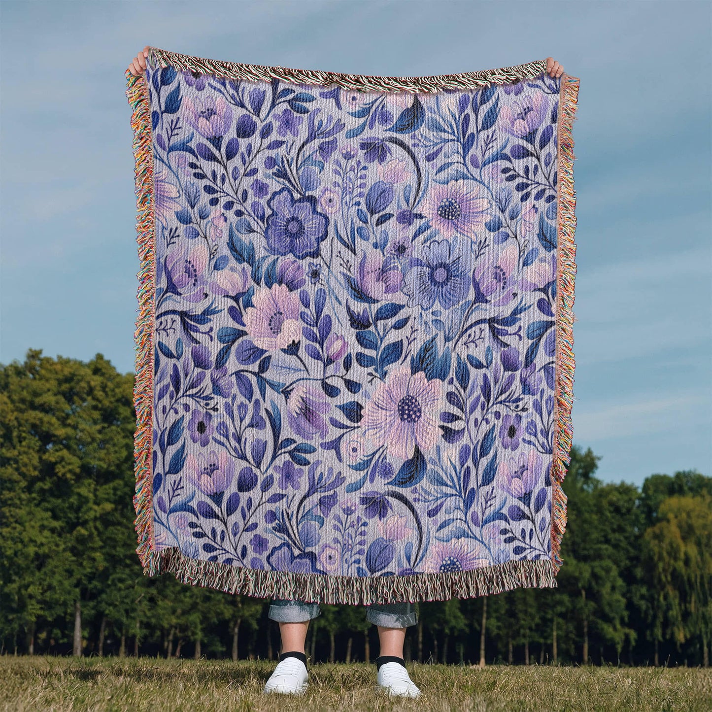 Blue And Purple Floral Pattern 017 - 50" x 60" Heirloom Woven Blanket