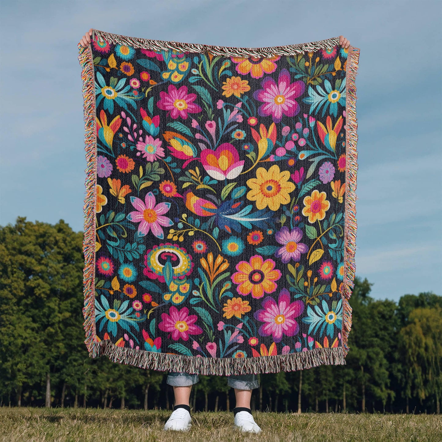 Mexican Floral Fiesta Pattern 055 - 50" x 60" Heirloom Woven Blanket